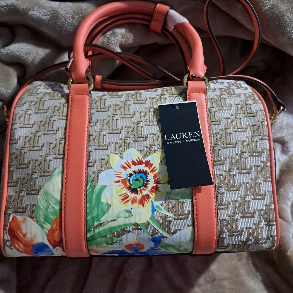 Lauren Ralph Lauren Floral Print Satchel - Coral and Beige